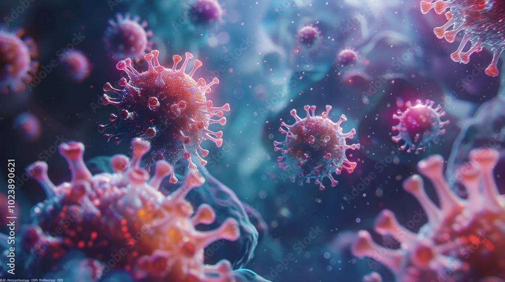 Fototapeta premium 3D visualization of coronavirus particles in a cellular environment, showing detailed virus morphology