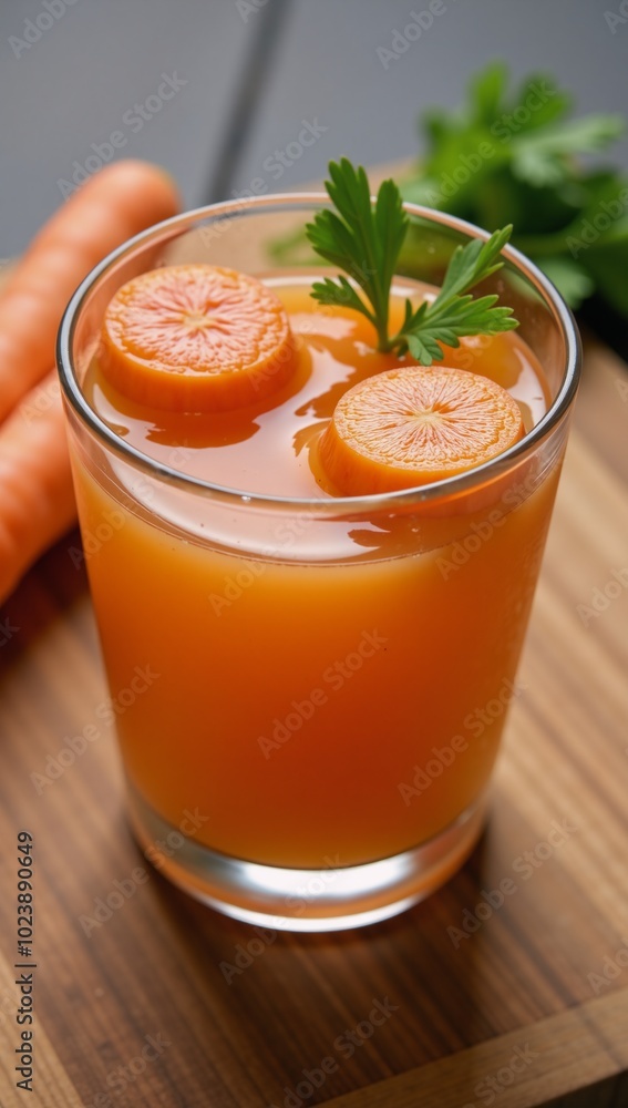 Carrot juice with garnish served on wood platter fresh Carrot juice with garnish served on wood platter fresh