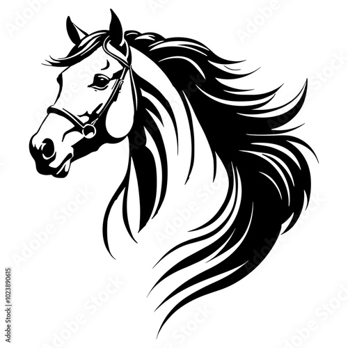 Horse head with bridle and flowing mane. Black and white vector illustration of a horse’s head wearing a bridle, isolated on a white background. Equestrian and strength concept.