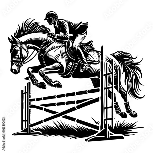 Horse and rider jumping over a fence. Black and white vector illustration of a horse with a rider clearing a jump, isolated on a white background. Equestrian sport and challenge concept. 