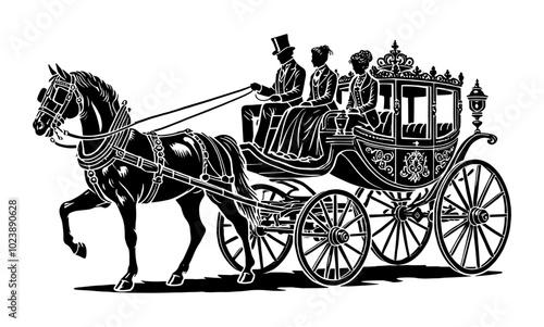 Horse-drawn carriage with passengers. Black and white vector illustration of a horse-drawn carriage with people in Victorian attire, isolated on a white background. Vintage and historical transportati
