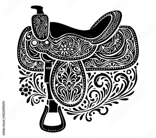 Decorative western saddle with intricate patterns. Black and white vector illustration of a highly detailed western saddle, isolated on a white background. Horse riding and cowboy culture concept. Des