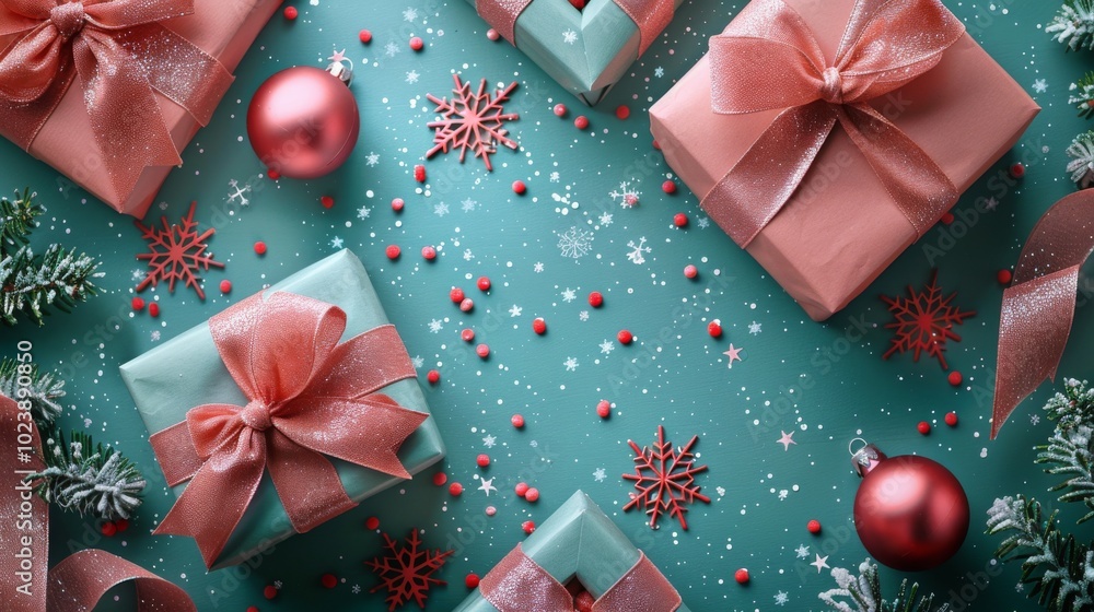 A festive scene with gift boxes wrapped in velvet ribbons and paper decorations on a turquoise background A festive scene with gift boxes wrapped in velvet ribbons and paper decorations on a turquoise background