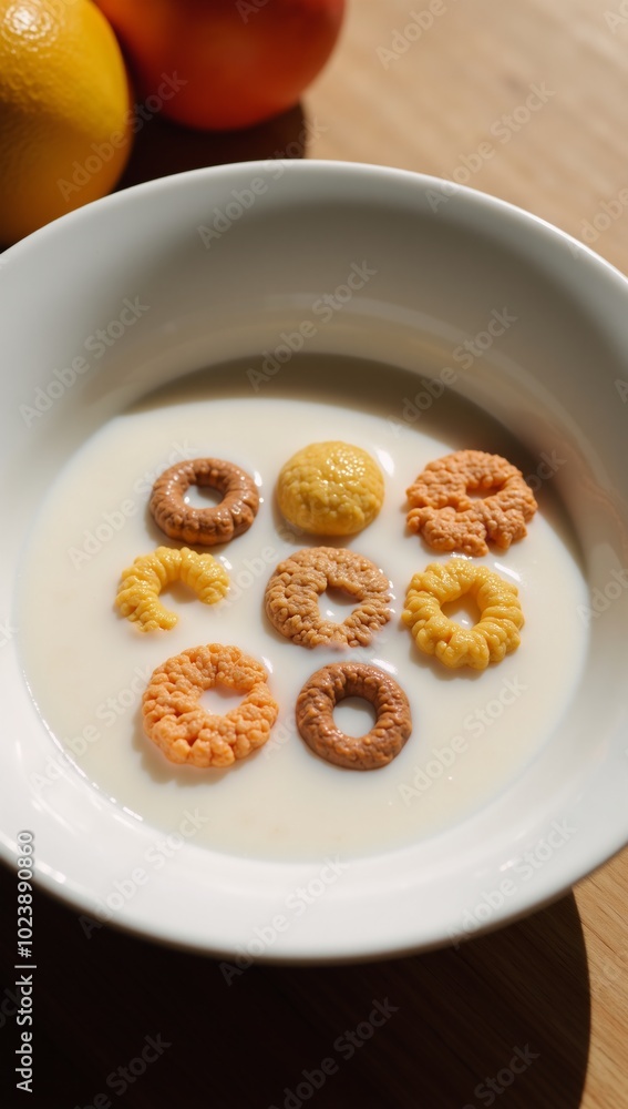 Breakfast scene featuring cereal and milk splashes on food-focused backdrop Breakfast scene featuring cereal and milk splashes on food-focused backdrop