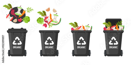 Recycling Bins for organic waste. Container for organic waste. Black trash can. Vector illustration isolated on white background.