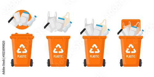 Recycling Bins for plastic. Container for plastic. Orange trash can. Vector illustration isolated on white background.