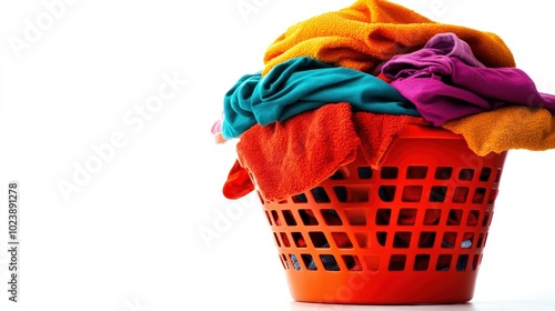 Colorful laundry basket filled with clean clothes on a white isolated background.