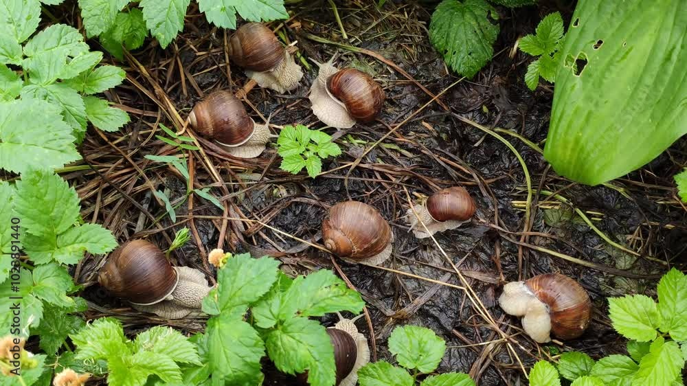 Helix pomatia crawling snails group on the wet ground after rain. Helix pomatia crawling snails group on the wet ground after rain.