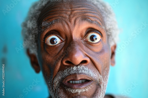 Close-up portrait of a senior Black granddad with wide, surprised eyes, capturing the joy and curiosity in his expression, detailed wrinkles and silver hair, set against a soft blue background.