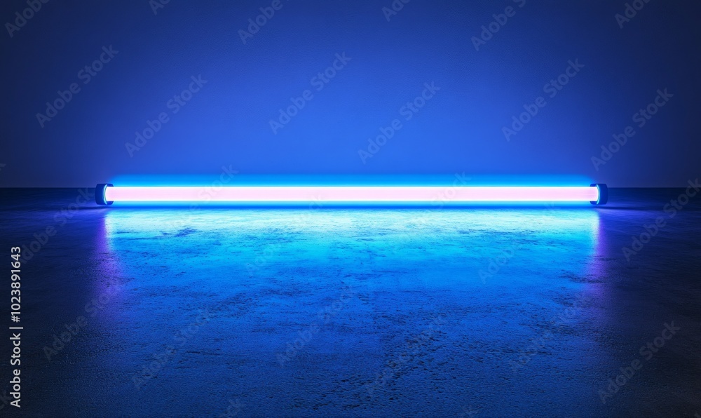A vibrant blue neon light tube placed horizontally on a concrete floor, illuminating the surroundings with a striking fluorescent glow, creating a modern, futuristic
