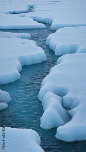 Frozen water flowing along a riverbank Wintery Crystal clear