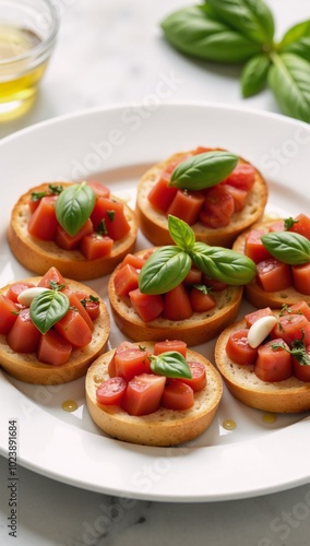 Fresh Bruschetta with Diced Tomatoes Basil Garlic Olive Oil on Toasted Baguette Slices