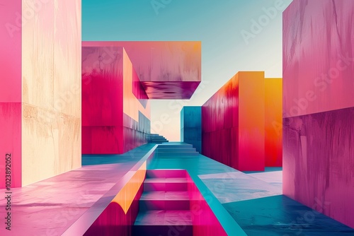 Abstract Bauhaus architecture, minimalist fantasy, pinks, oranges, blues, low poly style, flat roofs, depth from fades and gradients
