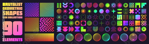 Obraz na płótnie Brutalist geometric shapes, neon modern symbols. Groovy checkered pattern, distorted tiled grid. Simple elements, forms. Retro design, trendy contemporary minimalist style, y2k. Vector illustration w salonie