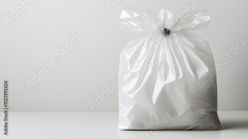 Plastic waste in a white garbage bag on a clean surface, environmental awareness. photo