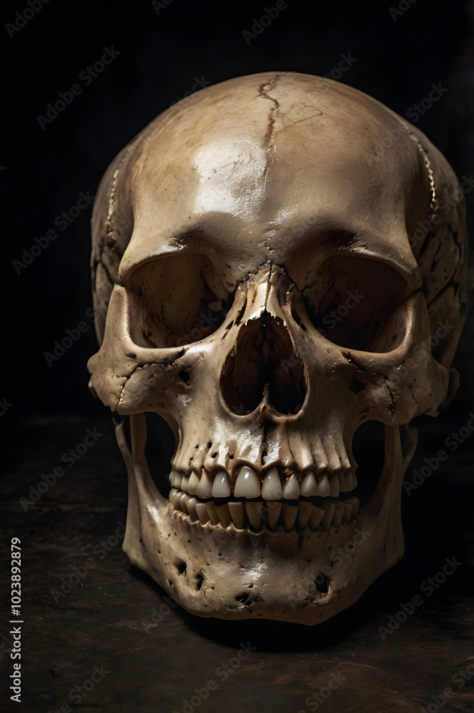 A lone skull positioned against a dark background, evoking an atmosphere of mystery and intrigue with its stark and haunting simplicity A lone skull positioned against a dark background, evoking an atmosphere of mystery and intrigue with its stark and haunting simplicity