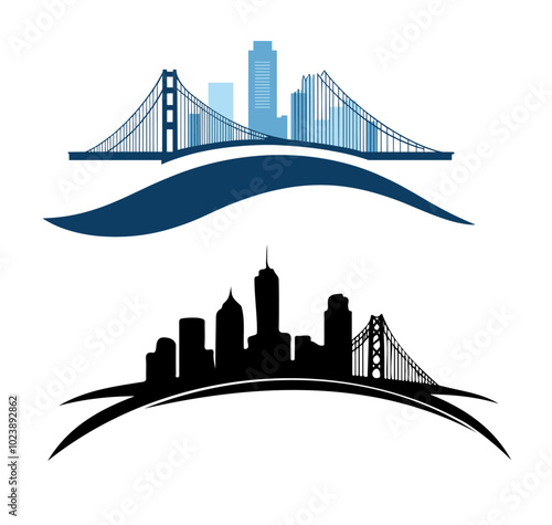 City skyline and bridge illustration in blue and black. Vector graphic showing a modern cityscape with a bridge, isolated on a white background. Urban architecture and infrastructure concept. Design f