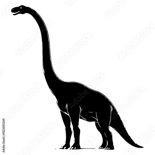 Brachiosaurus, showing its towering long neck and massive body in a prehistoric pose. black and white silhouette