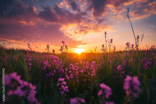 Vibrant Sunset Over Flower Field with Soft Pastels and Blooming Flora