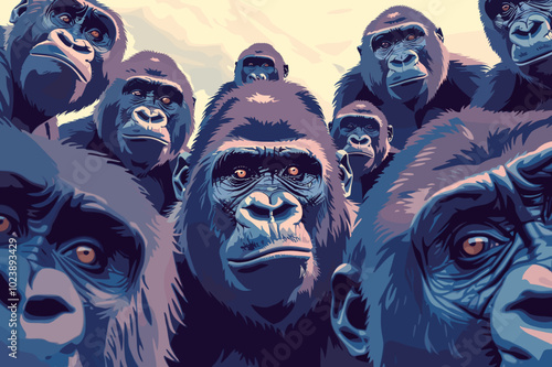 A striking illustration of a group of gorillas staring forward, with bold colors and detailed facial features in a natural setting.