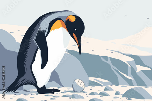 Emperor Penguin Guarding Egg – Antarctic Wildlife Illustration ¥