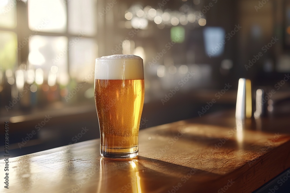 closeup cold glass of beer with foam on a wooden bar counter on blurred background closeup cold glass of beer with foam on a wooden bar counter on blurred background
