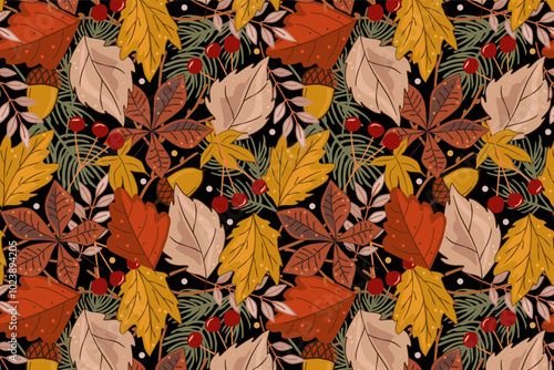 A pattern with autumn leaves on a dark background. colorful autumn  seamless hand-drawn leaf fall, vector banner with autumn mood for fabric printing, wrapping, postcards