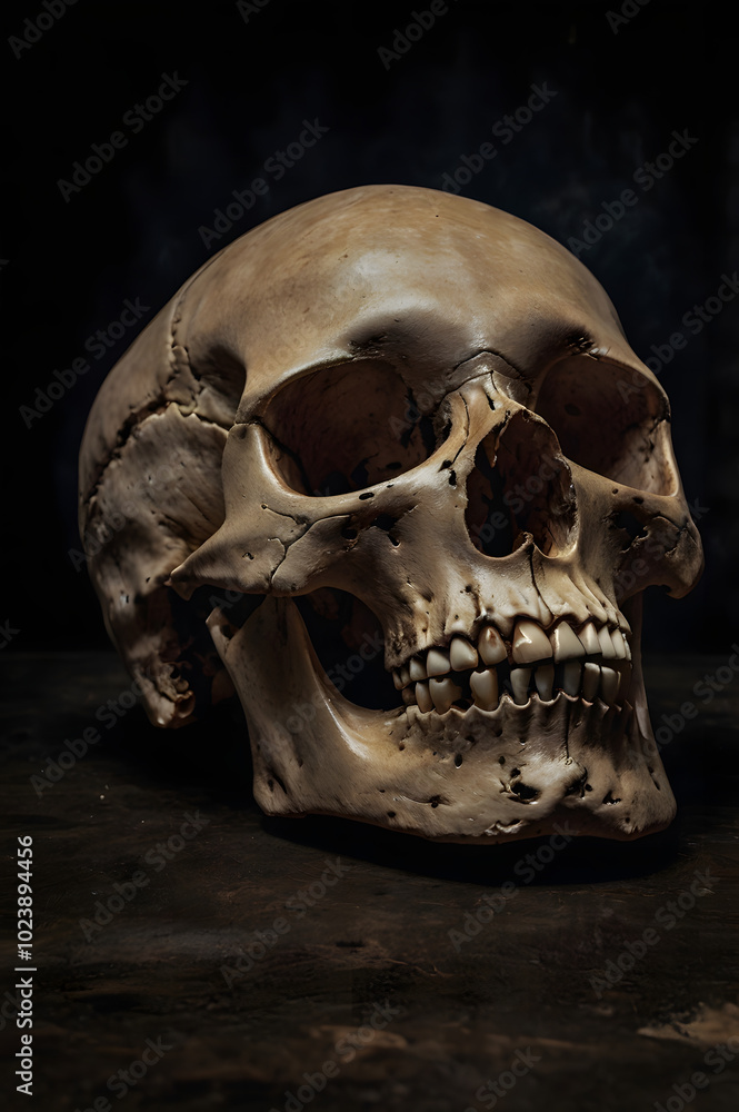 Obraz premium A lone skull positioned against a dark background, embodying an air of mystery and intrigue in its stark and haunting simplicity