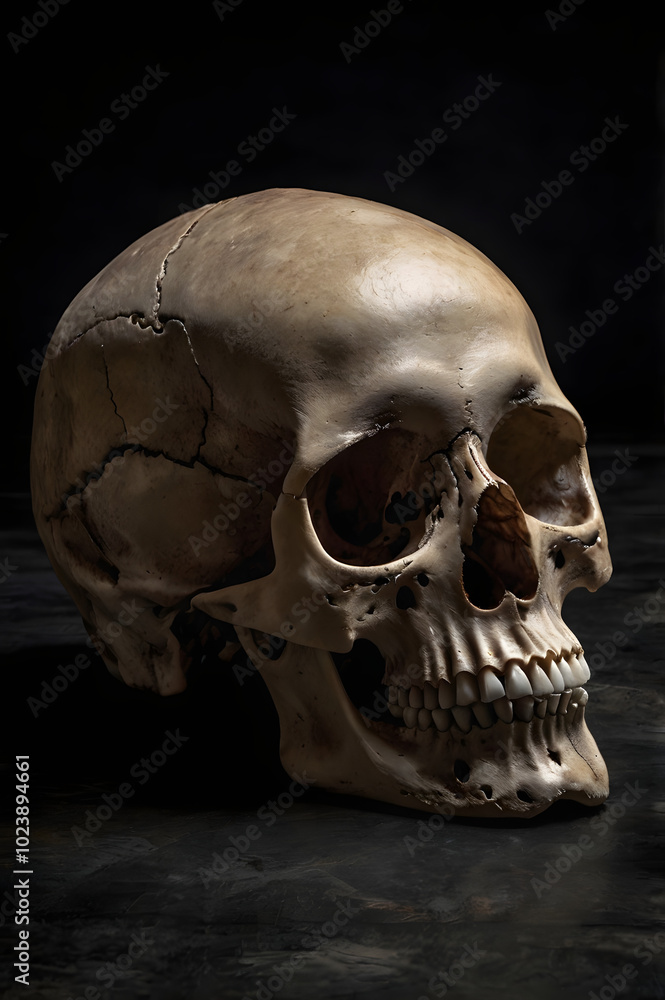A lone skull positioned against a dark background, embodying an air of mystery and intrigue in its stark and haunting simplicity A lone skull positioned against a dark background, embodying an air of mystery and intrigue in its stark and haunting simplicity