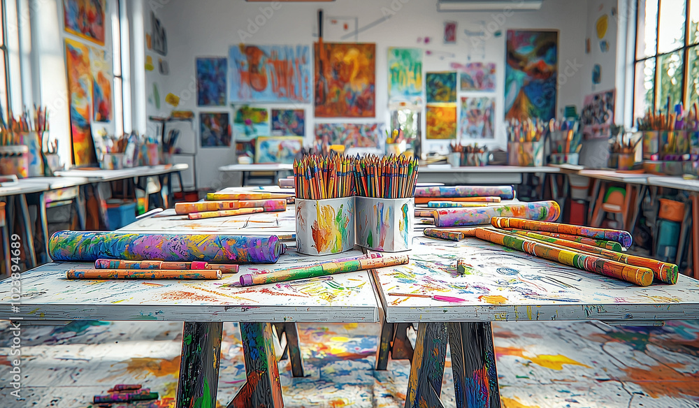 Messy Children's Art Classroom with Drawing and Craft Supplies Messy Children's Art Classroom with Drawing and Craft Supplies