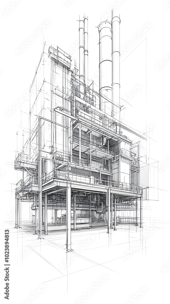 Black and white line drawing of an industrial park, front view, with large buildings on both sides, numerous gas tanks behind them, on a white background Black and white line drawing of an industrial park, front view, with large buildings on both sides, numerous gas tanks behind them, on a white background