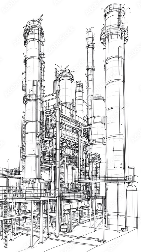 Black and white line drawing of an industrial park, front view, with large buildings on both sides, numerous gas tanks behind them, on a white background Black and white line drawing of an industrial park, front view, with large buildings on both sides, numerous gas tanks behind them, on a white background