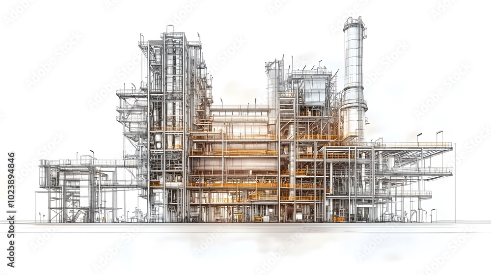 Black and white line drawing of an industrial park, front view, with large buildings on both sides, numerous gas tanks behind them, on a white background Black and white line drawing of an industrial park, front view, with large buildings on both sides, numerous gas tanks behind them, on a white background