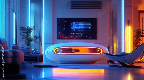 Futuristic Living Room with Illuminated Furniture and a Large Screen