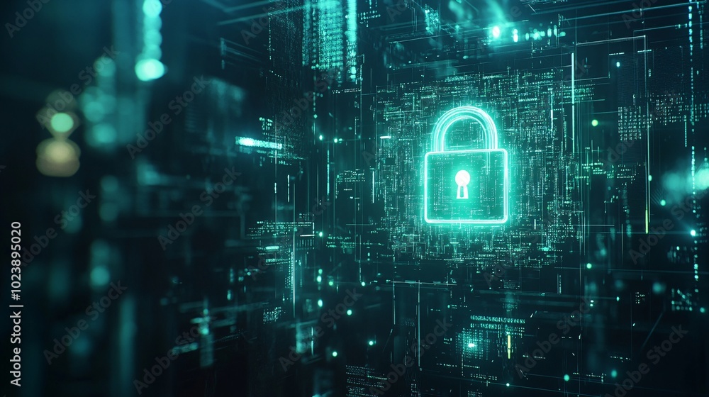 Futuristic Digital Security Concept with Glowing Padlock and Data Flow Futuristic Digital Security Concept with Glowing Padlock and Data Flow
