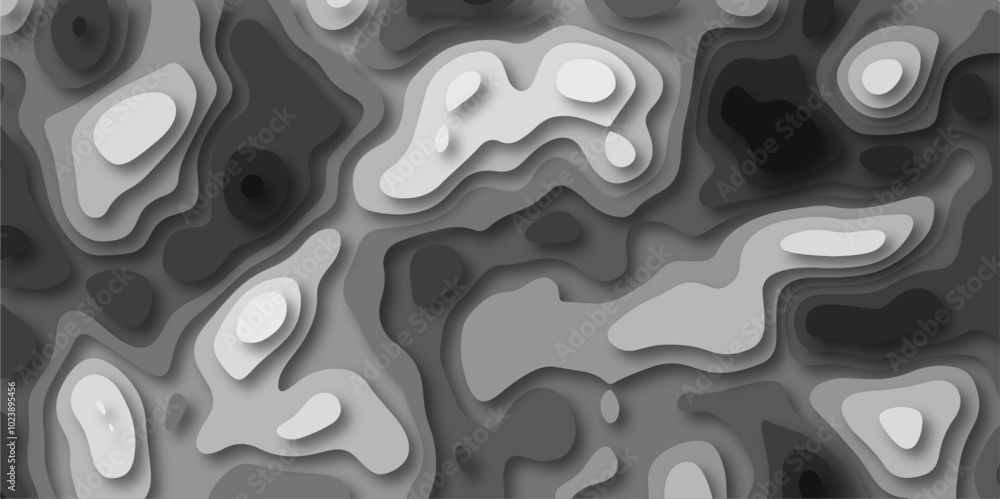 3D Stylized Gray Topographic Contour Scheme and Terrain. Geographic mountain terrain. Contour map background. 3D Cartographic Weave with seamless striped patterns and wavy Shapes. 3D Stylized Gray Topographic Contour Scheme and Terrain. Geographic mountain terrain. Contour map background. 3D Cartographic Weave with seamless striped patterns and wavy Shapes.