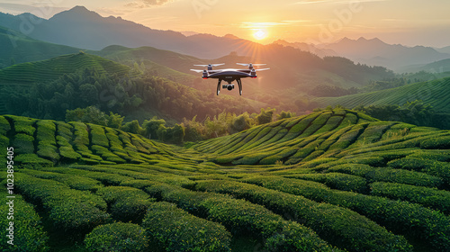 Drone is flying over a lush green field. The sky is hazy and the sun is setting, casting a warm glow over the landscape. The drone is capturing the beauty of the field from a unique perspective photo