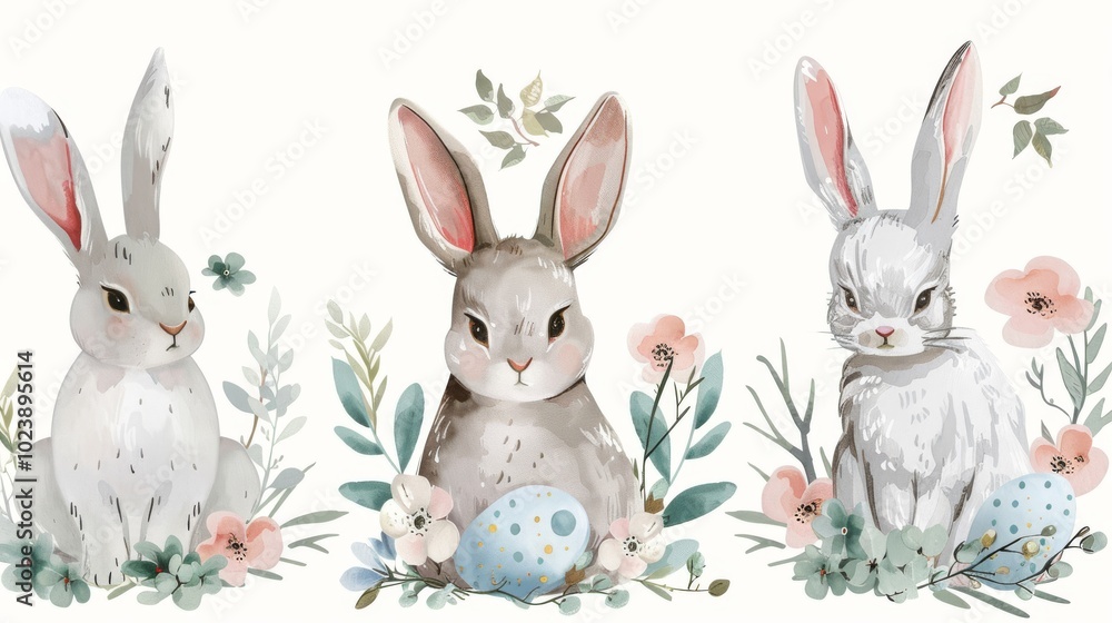 Fototapeta premium Adorable bunnies with floral wreaths and decorated eggs, vector illustration on white
