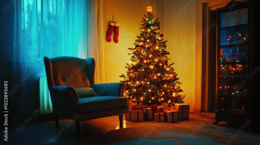 Cozy holiday scene with a decorated Christmas tree and presents by a comfortable armchair. Cozy holiday scene with a decorated Christmas tree and presents by a comfortable armchair.
