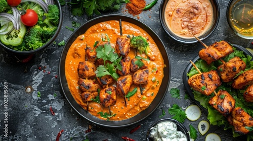 An appetizing Indian meal with chicken tikka masala, tandoori chicken, and appetizers on dark concrete background