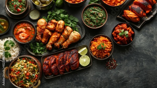 An appetizing Indian meal with chicken tikka masala, tandoori chicken, and appetizers on dark concrete background