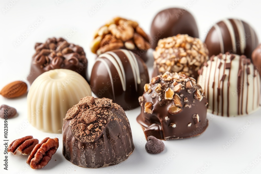 Assorted chocolate candies with nuts and fruit on a white background, with full depth of field, showcasing the variety Assorted chocolate candies with nuts and fruit on a white background, with full depth of field, showcasing the variety