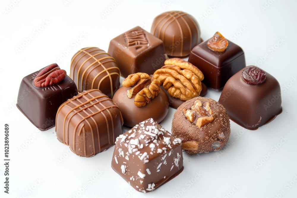Assorted chocolate candies with nuts and fruit on a white background, with full depth of field, showcasing the variety Assorted chocolate candies with nuts and fruit on a white background, with full depth of field, showcasing the variety