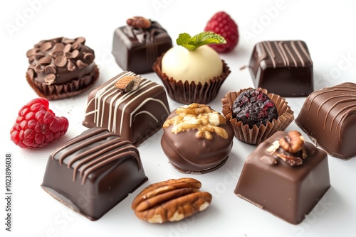 Assorted chocolate candies with nuts and fruit on a white background, with full depth of field, showcasing the variety