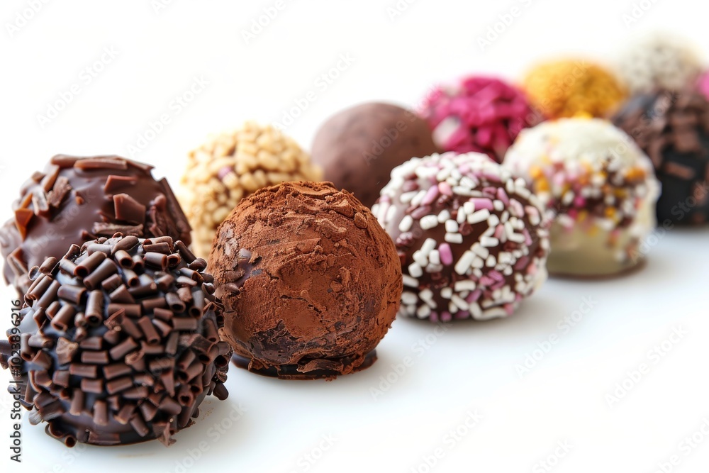 Assorted chocolate candies with nuts and fruit on a white background, with full depth of field, showcasing the variety
