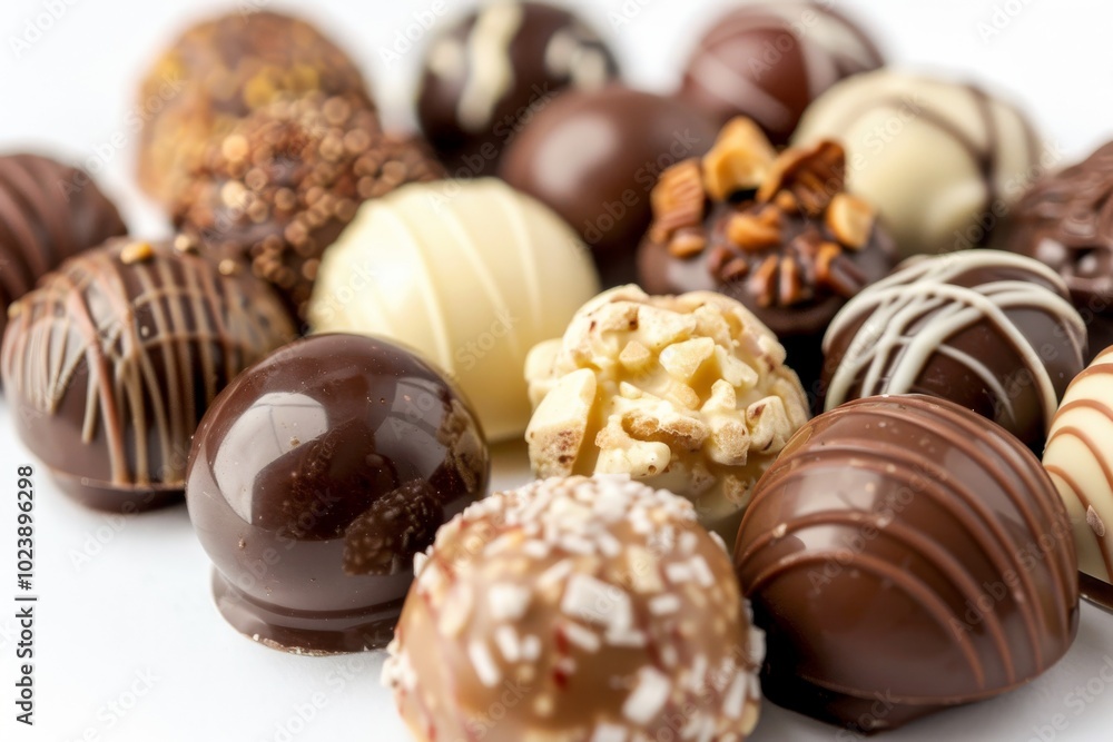 Assorted chocolate candies with nuts and fruit on a white background, with full depth of field, showcasing the variety Assorted chocolate candies with nuts and fruit on a white background, with full depth of field, showcasing the variety