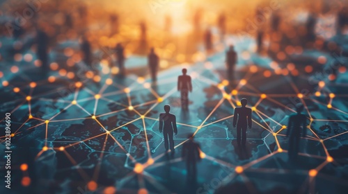 Business professionals worldwide collaborating through digital channels, focusing on customer service, data exchange, and global outsourcing