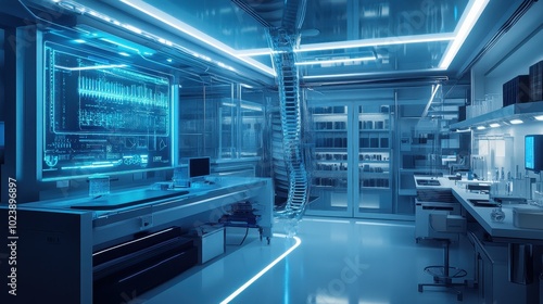 Futuristic Technology Research Lab with Glowing Blue Lights