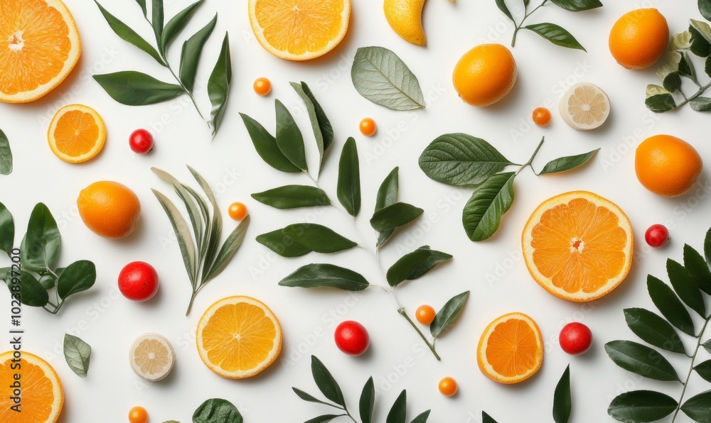 A white background with a pattern of leaves and fruit A white background with a pattern of leaves and fruit