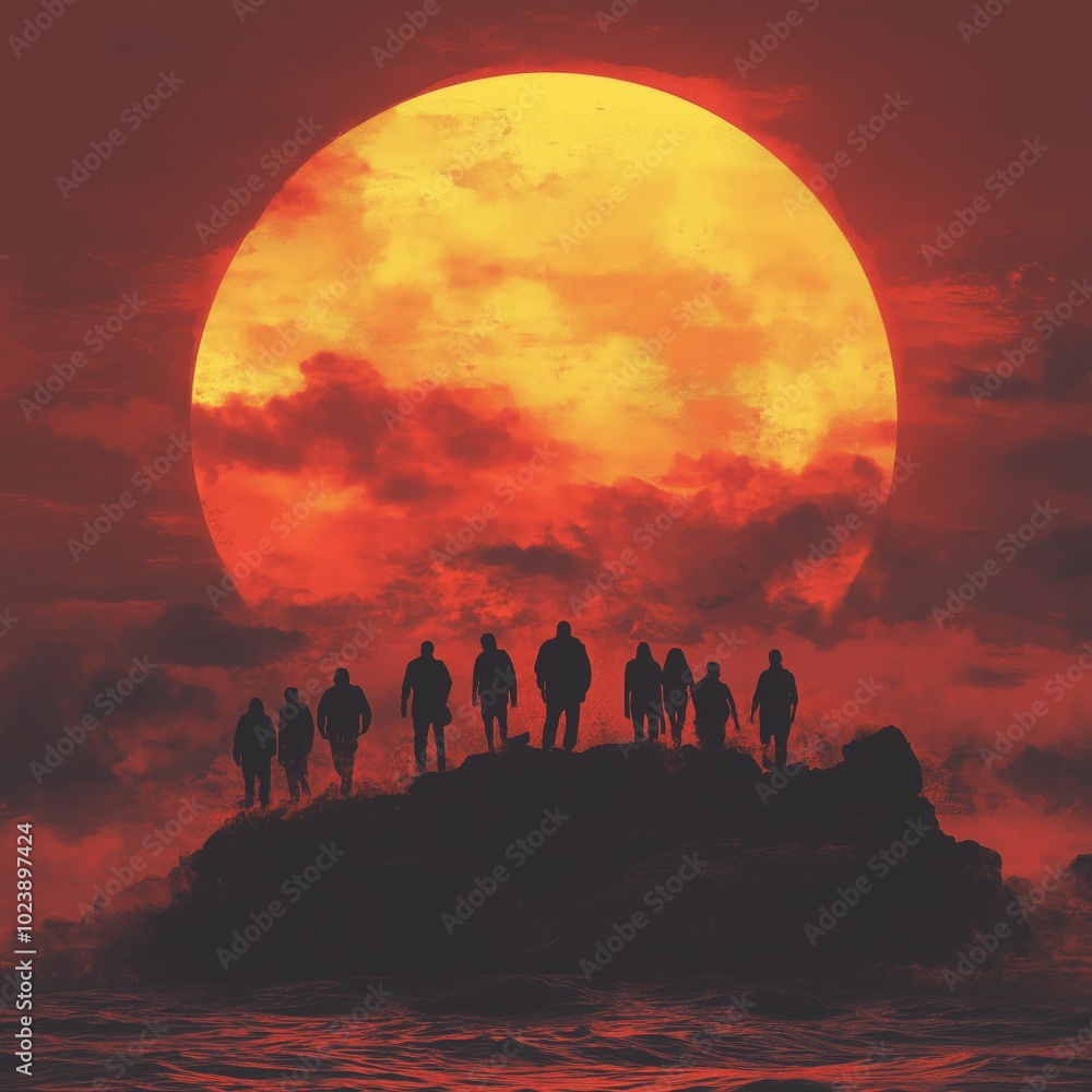 Silhouettes of people walking toward a giant red sun Silhouettes of people walking toward a giant red sun